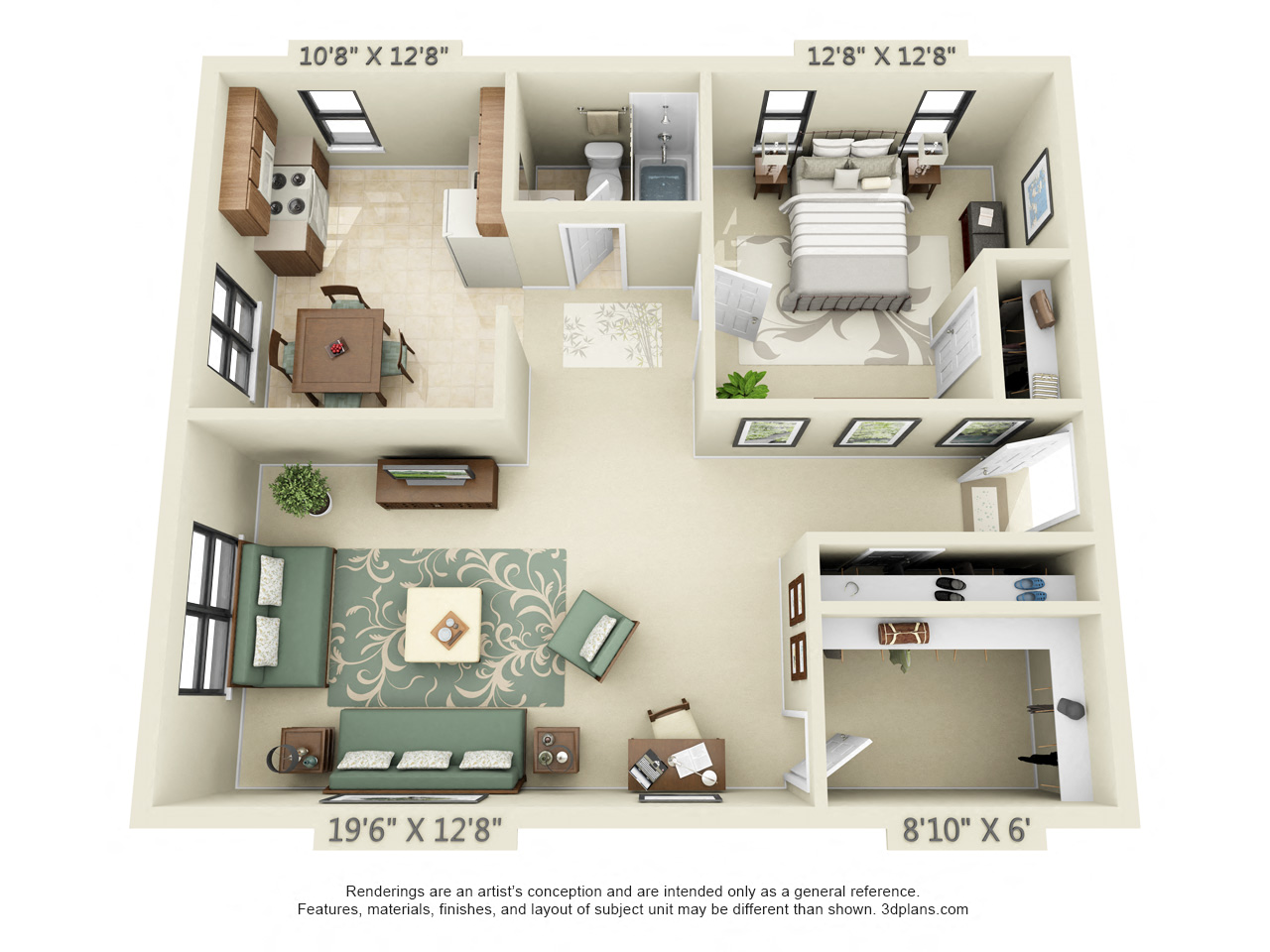 Floor plan for 1 bed, 1 bath, 682 sqft